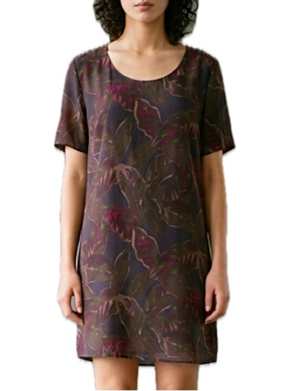 Aritzia Wilfred Free Dark Floral Leaves Print Shift Dress Size XS Short Sleeve